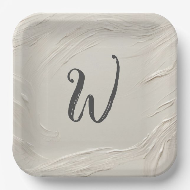 Monogram On Abstract Ivory Texture Paper Plate (Front)