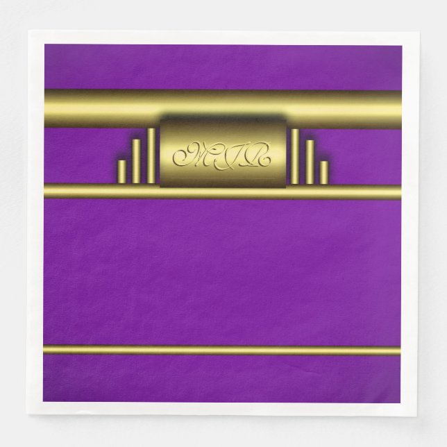 Monogram on art deco gold and royal purple napkin (Front)