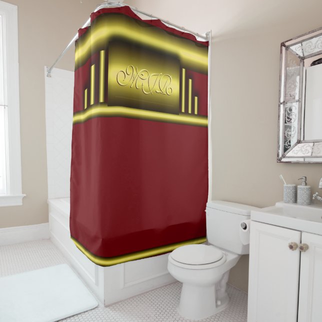 Monogram on art deco luxury gold and maroon shower curtain (In Situ)