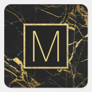 monogram on black and gold marble square sticker