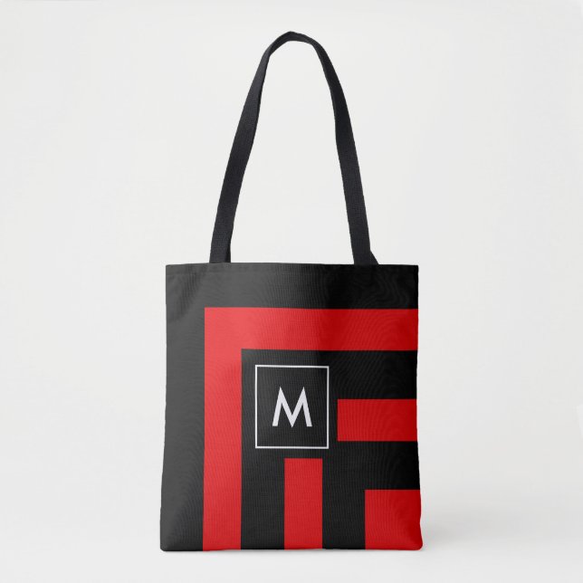 Monogram on Black and Red Striped Tote Bag (Front)