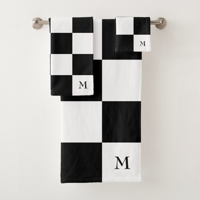 Monogram on Black and White Chequered Pattern Bath Bath Towel Set (Insitu)
