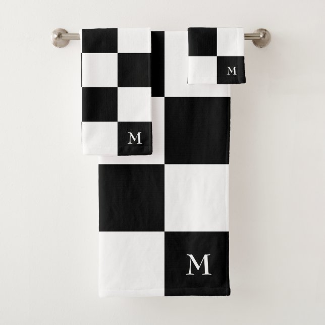 Monogram on Black and White Chequered Pattern Bath Towel Set (Insitu)