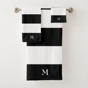 Monogram on Black and White Striped Bath Towel Set