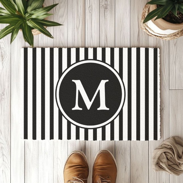 Monogram On Black And White Stripes Doormat (Elegant Black And White Monogram Doormat)