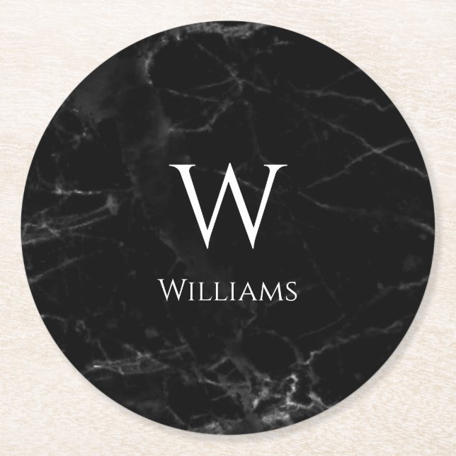 Monogram on Black Marble Elegant Modern White Name Round Paper Coaster (Front)