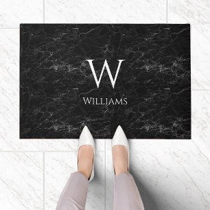 Monogram on Black Marble Modern Elegant White Name Doormat