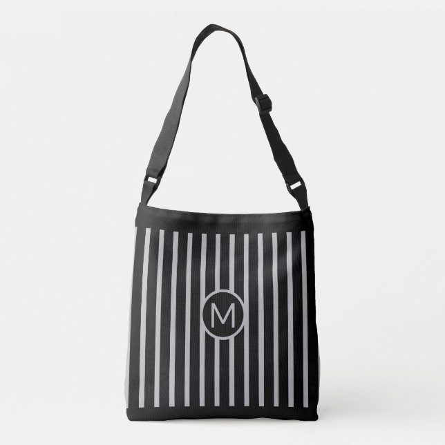 Monogram on Black & Silver Grey Vertical Striped Crossbody Bag (Back)