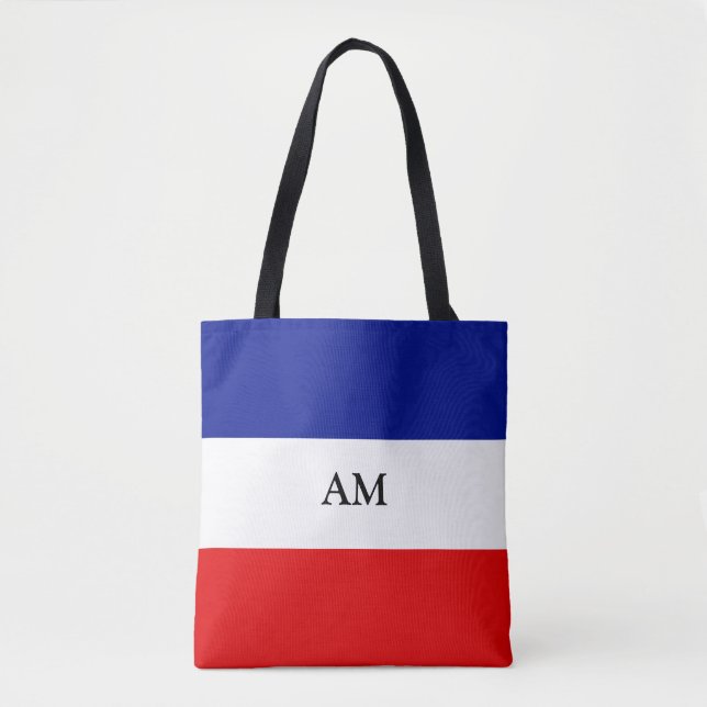 Monogram on Blue Red and White Striped Tote Bag (Front)