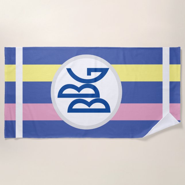 Monogram on Cabana stripes of blue, pink & yellow, Beach Towel (Front)