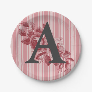 Monogram on Cabbage Roses Red Pink Floral Paper Plate