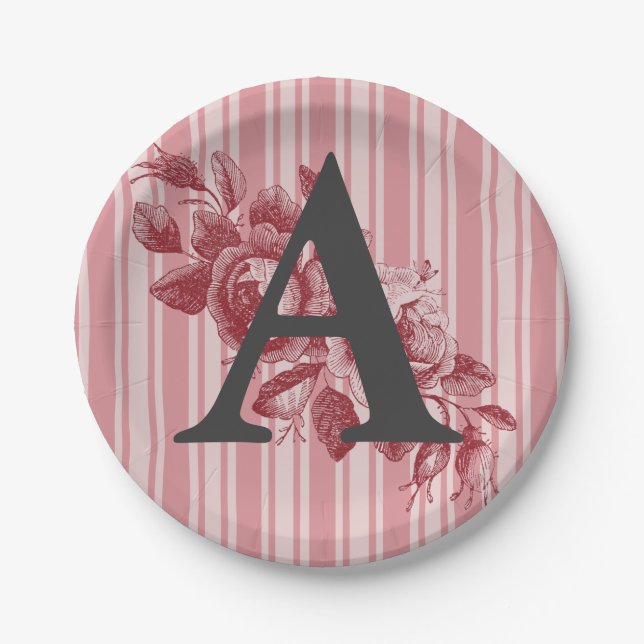 Monogram on Cabbage Roses Red Pink Floral Paper Plate (Front)