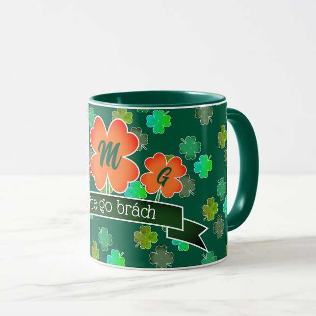 Monogram on Clover Shamrock Pattern on GREEN Mug (Front Right)