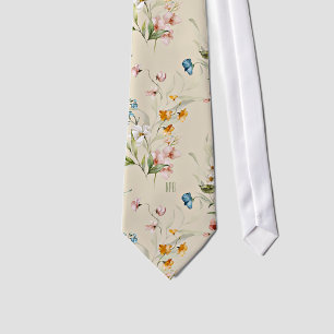 Monogram on Colourful Floral Still Life Art Beige Tie