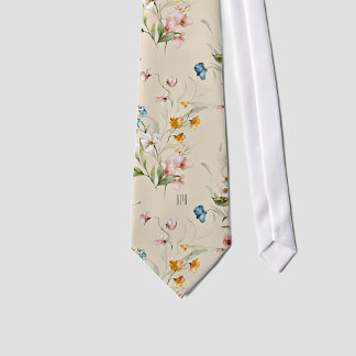 Monogram on Colourful Floral Still Life Art Beige Tie