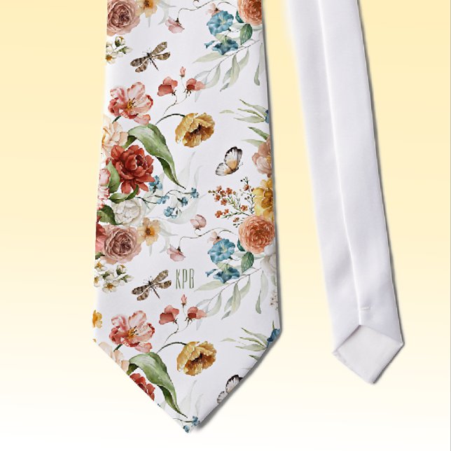 Monogram on Colourful Floral Still Life Art White Tie (Creator Uploaded)
