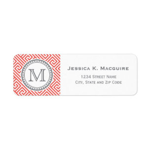 Monogram on Coral Greek Key Pattern Return Address Label