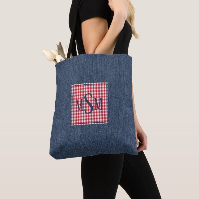 Monogram on Dark Denim Print Shoulder Tote Bag (Close Up)