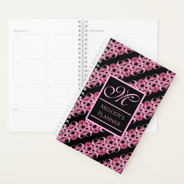 Monogram On Fractal Pink And Black Softcover Planner (Display)