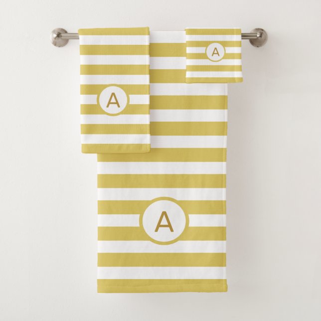 Monogram on Golden & White Striped Bath Towel Set (Insitu)