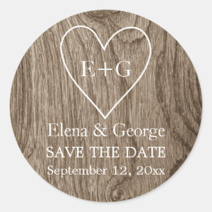 Monogram on heart wood wedding Save the Date Classic Round Sticker