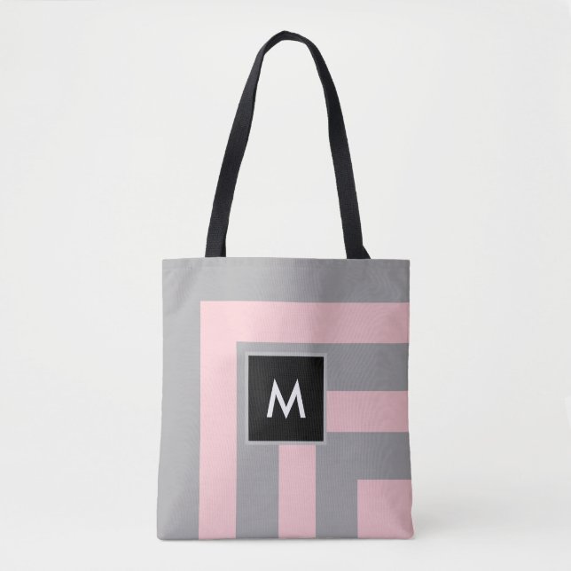 Monogram on  Light Grey and Pink Striped Tote Bag (Front)