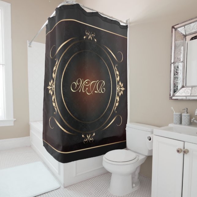 Monogram on luxury gold-flourished background shower curtain (In Situ)