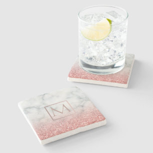 monogram on marble and faux glitter stone coaster