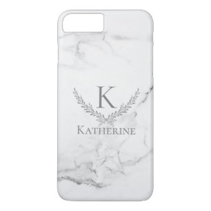 Monogram on Marble with Elegant Silver Wreath iPhone 8 Plus/7 Plus Case