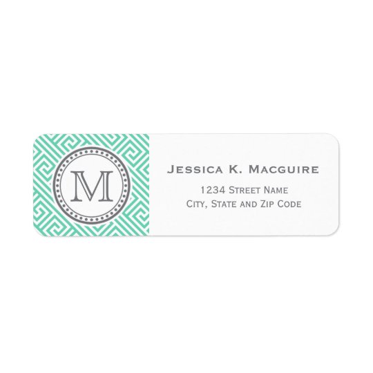 Monogram on Mint Green Greek Key Pattern Return Address Label