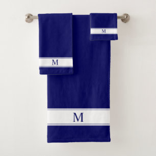 Monogram on Navy Blue and White Minimalist Bath To Bath Towel Set