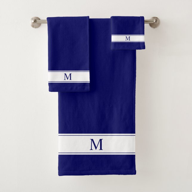 Monogram on Navy Blue and White Minimalist Bath To Bath Towel Set (Insitu)