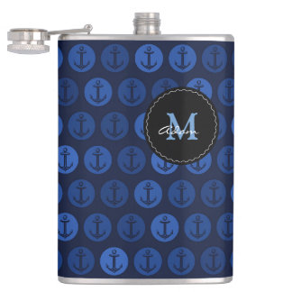 Monogram on Navy Blue Tone Anchors Pattern Hip Flask