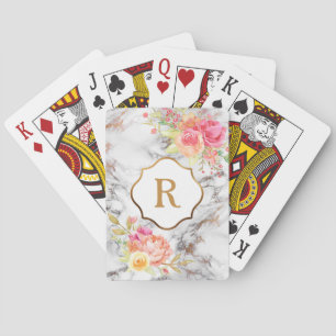 Monogram on Pink Flowers and Gold & White Marble Playing Cards
