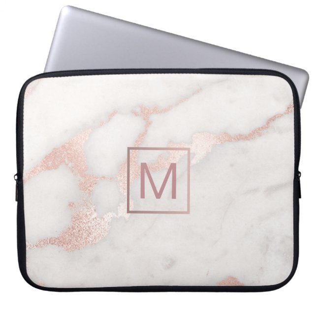 monogram on pink marble laptop sleeve (Front)