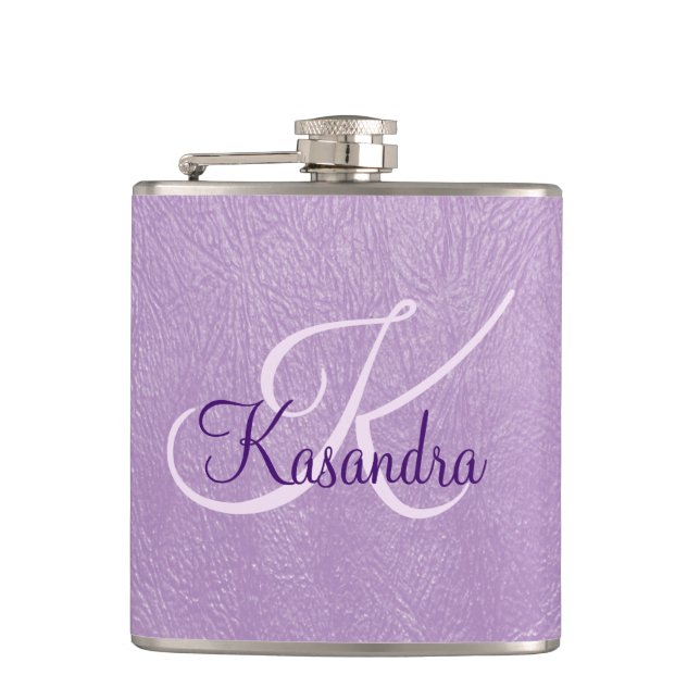 Monogram on Purple Leather Hip Flask (Front)