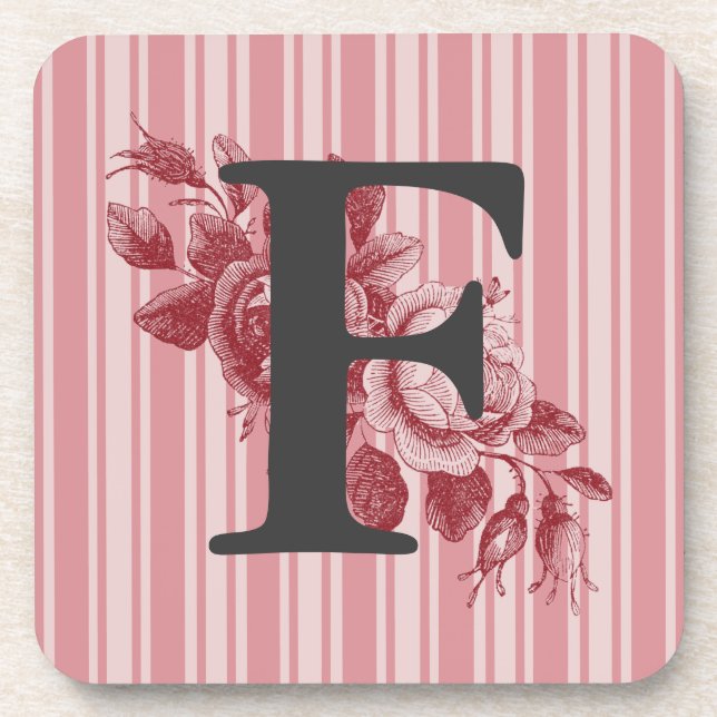 Monogram on Red Cabbage Rose Spray Customise It Coaster (Front)