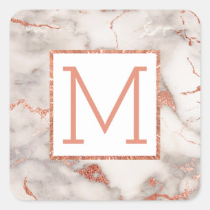 monogram on rose gold marble square sticker