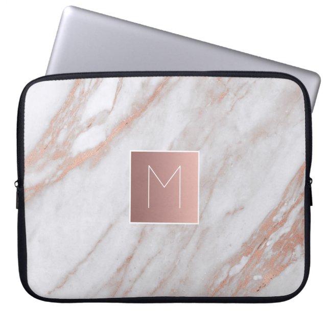 monogram on rose gold marble stone laptop sleeve (Front)