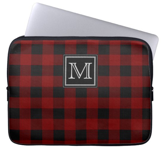Monogram on Rugged Red and Black Plaid Laptop Sleeve