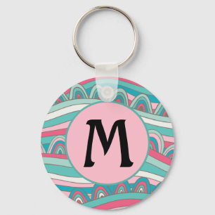 Monogram on Trendy Wavy Background Key Ring