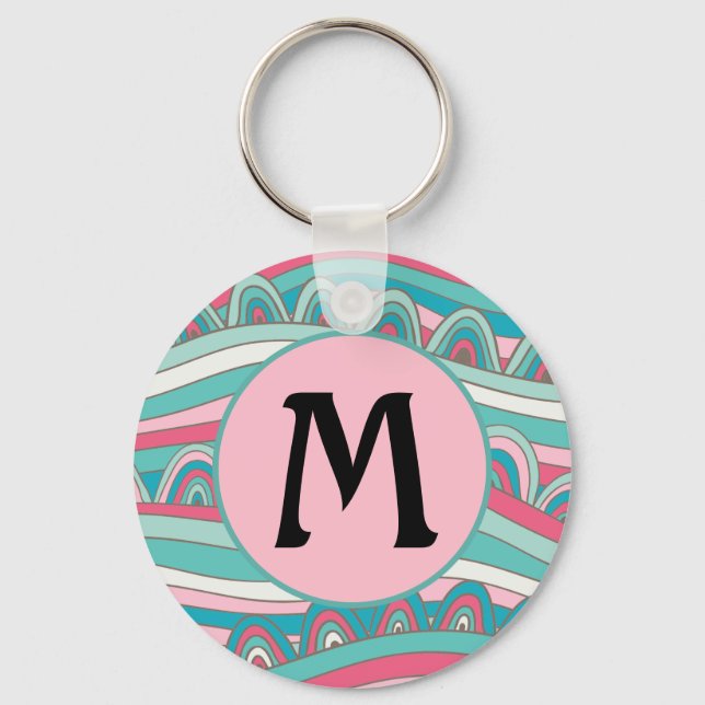 Monogram on Trendy Wavy Background Key Ring (Front)