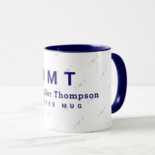 monogram on white & blue mug with name (Front Right)