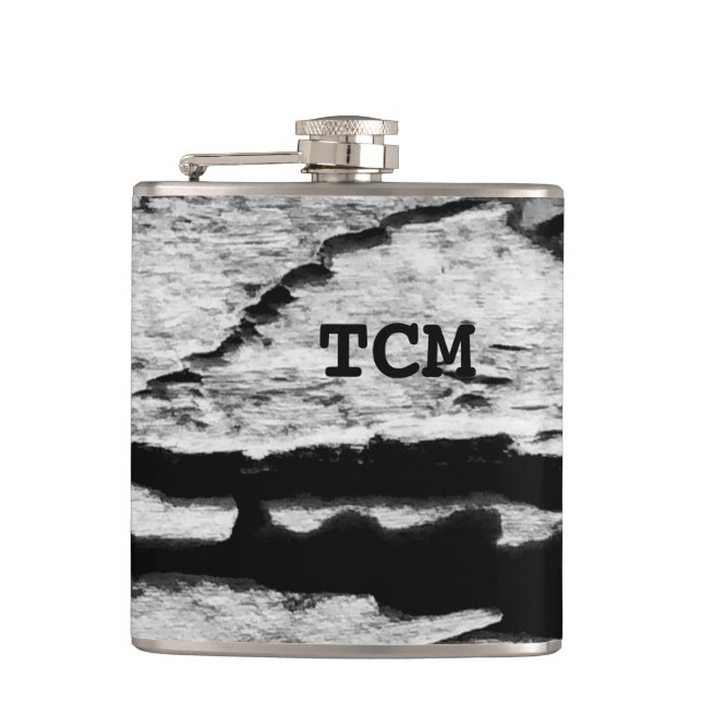 Monogram on wood black and white hip flask (Front)