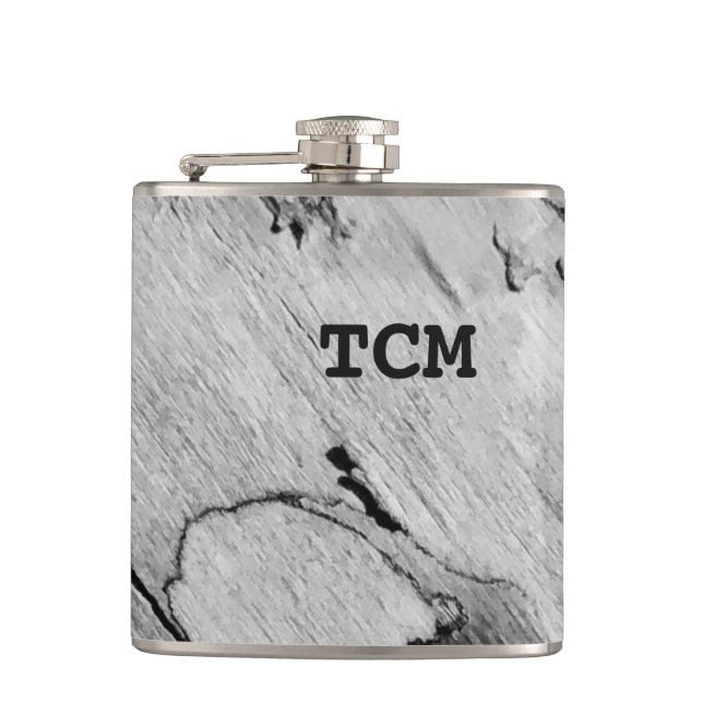 Monogram on wood black and white hip flask (Front)