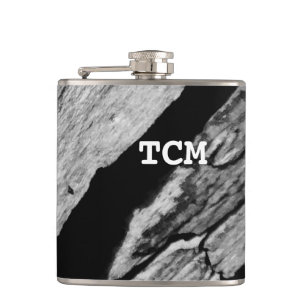 Monogram on wood black and white hip flask