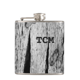 Monogram on wood black and white hip flask