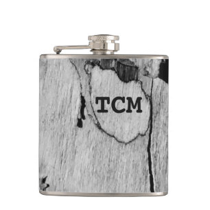 Monogram on wood black and white hip flask