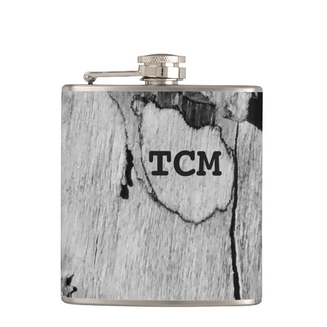 Monogram on wood black and white hip flask (Front)