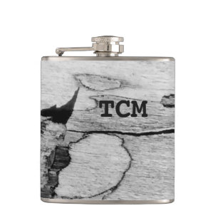 Monogram on wood black and white hip flask